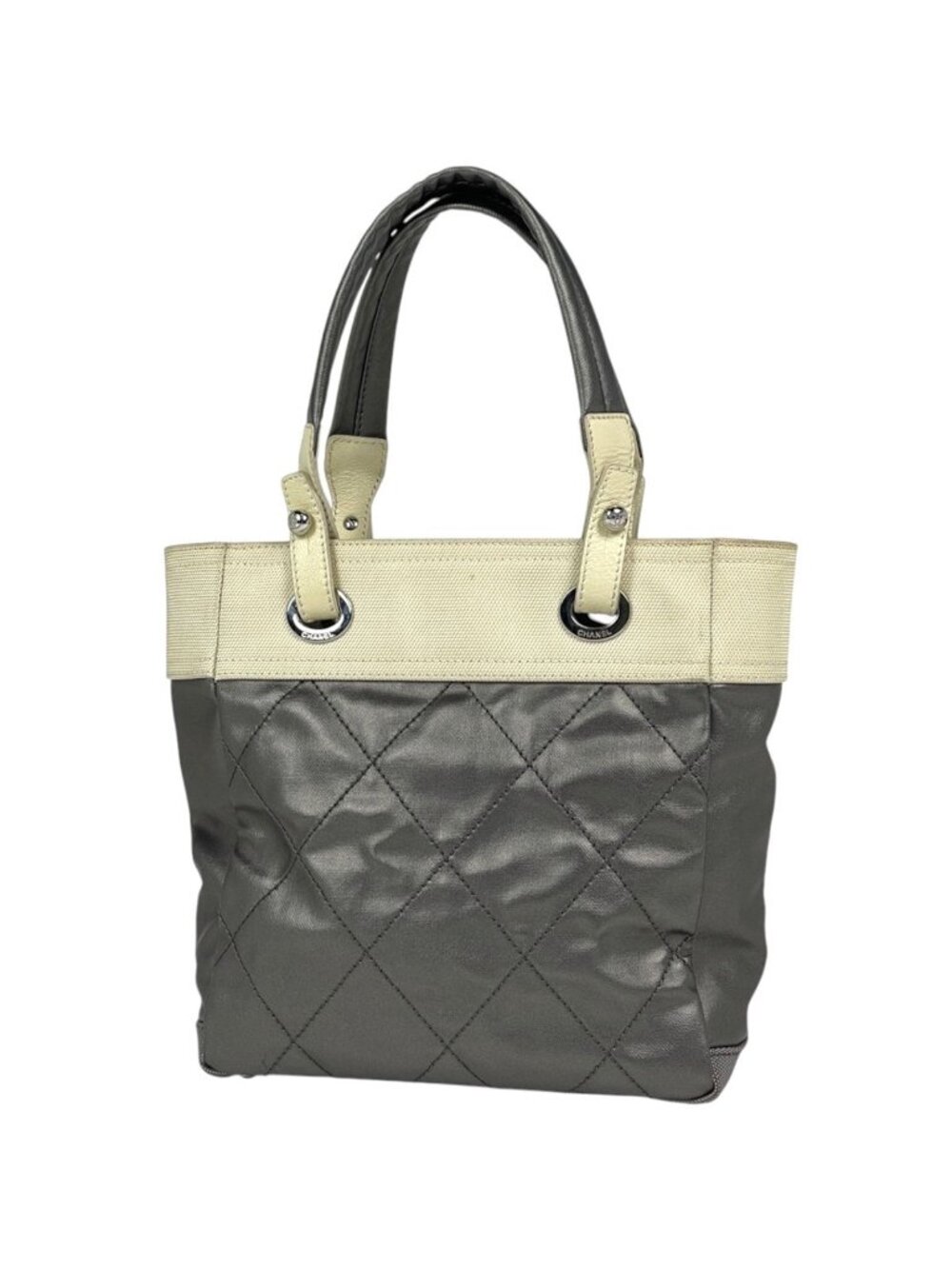 Chanel Tote Bag Paris Biarritz PM CC Logo Handle Gray Ivory